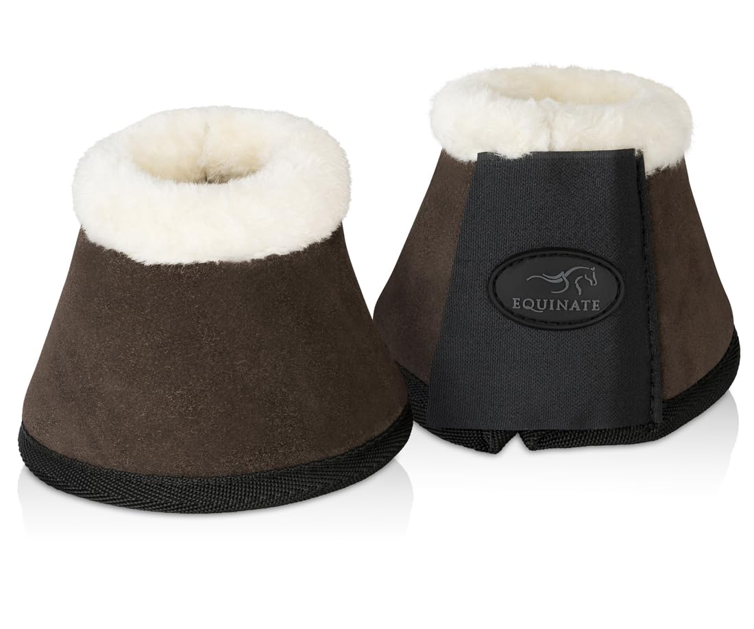 Equinate Hufglocken Sunville mit Wildleder überzogen und synthetischem Lammfell XXL Braun - Robuste und stoßdämpfende Springglocken - Hufschutz für Training und Turniere - 2er Set
