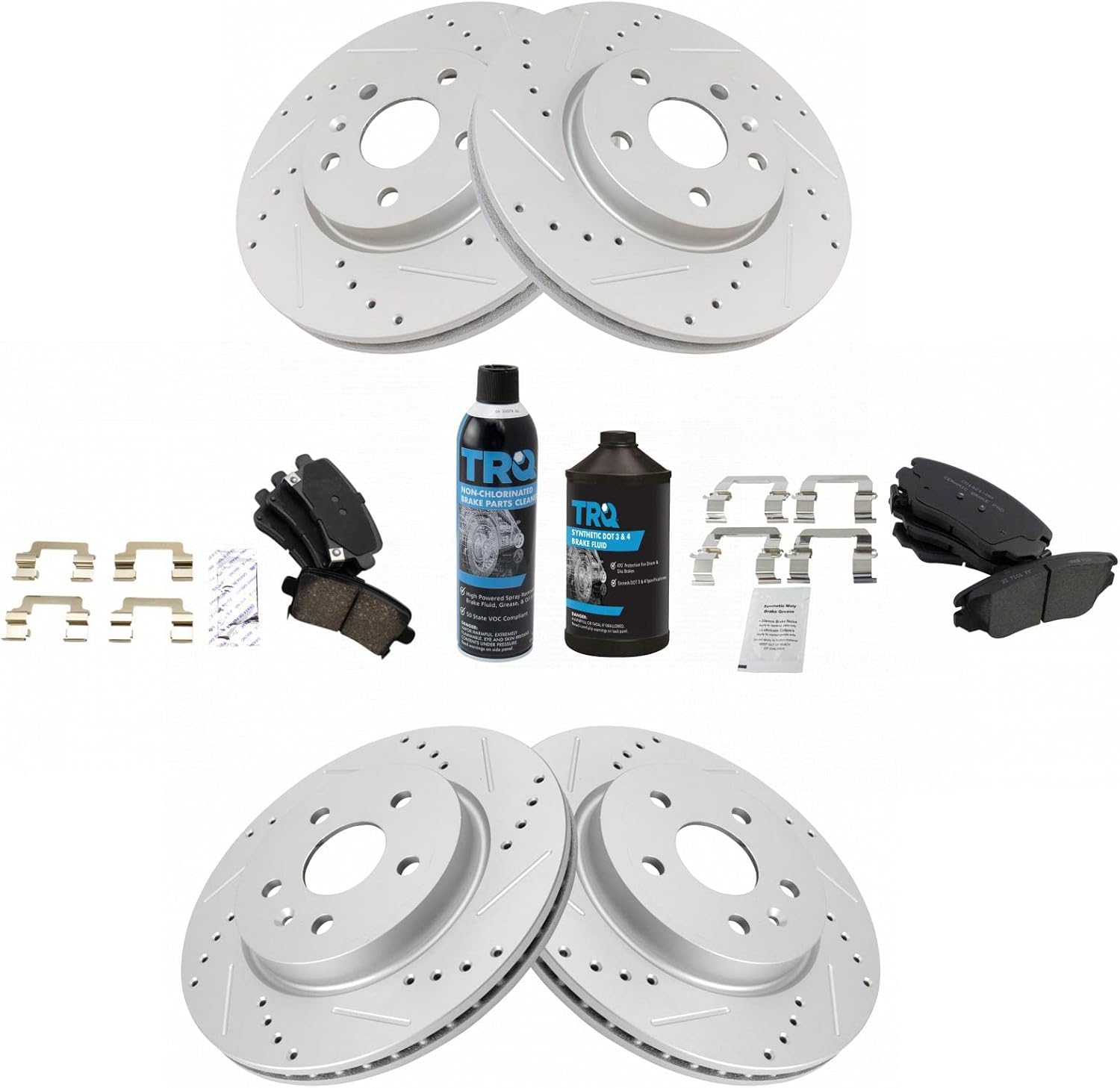 TRQ Front & Rear Brake Pad & Rotor Kit Premium G-Coated Ceramic Slotted X Drilled Compatible with 10-16 Buick LaCrosse 11-17 Regal 14-20 Chevrolet Impala 13-15 Malibu 16 Malibu Limited