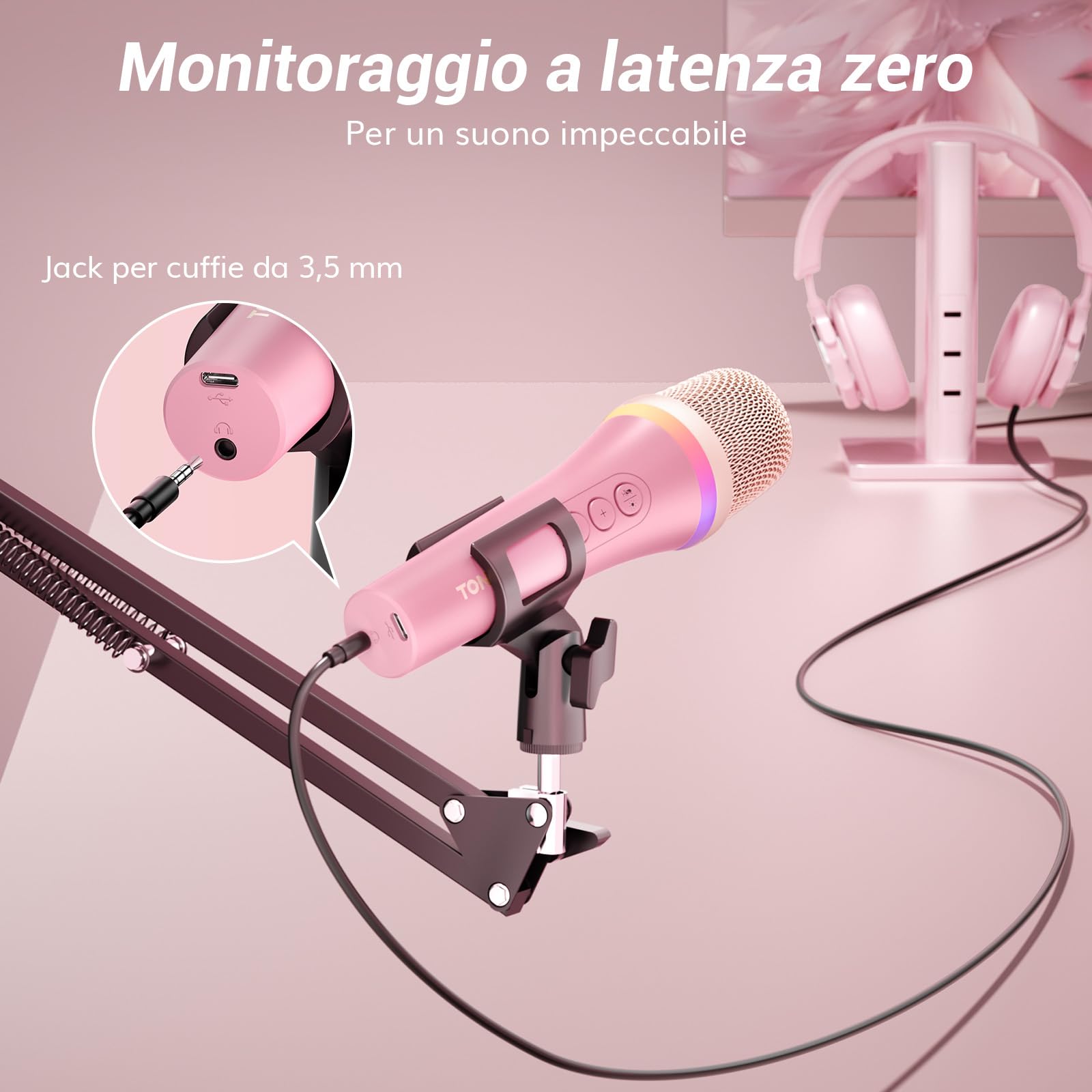 TONOR Microfono Dinamico USB/Tipo C per PC, Microfono da Gioco per Computer Podcast RGB con Supporto da Braccio per Registrazione, Live, Streaming, Youtube, Canto, Studio, Microphone per Karaoke Rosa