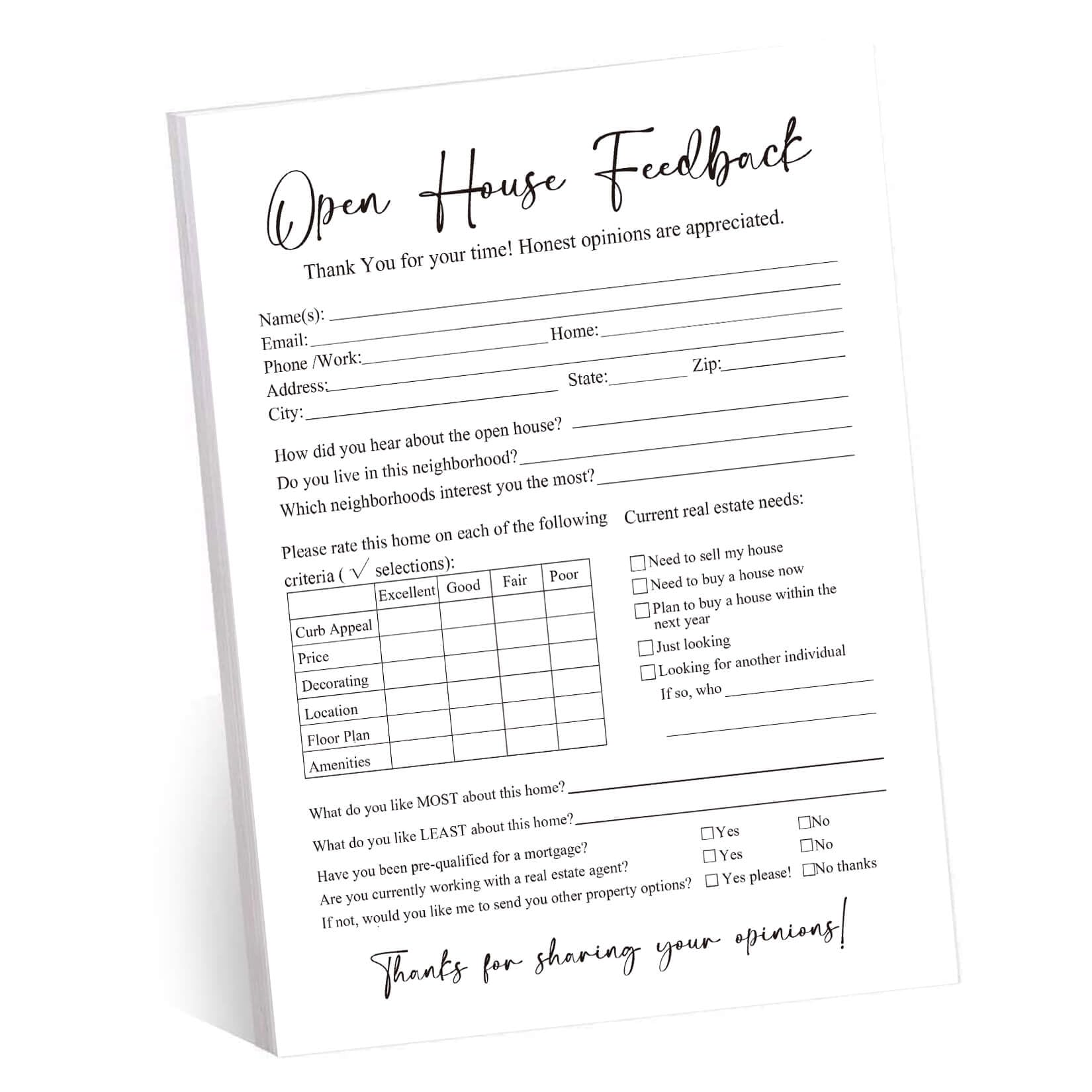 100 Pcs Open House Signs for Real Estate Open House Supplies,Realtor Open House Feedback Form For Seller Clients,Realtors,Home Sellers,Agents Brokers Supplies, 6 x 8 Inch