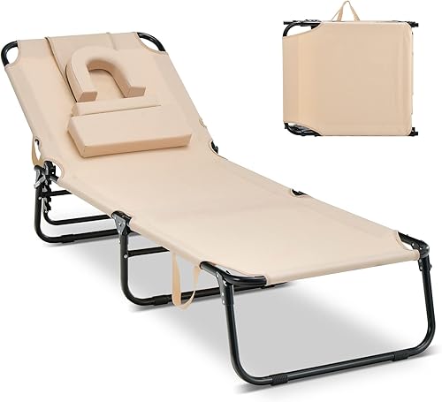 COSTWAY Tumbona de playa con almohadas con orificios para la cara y respaldo ajustable de 5 posiciones, color beige