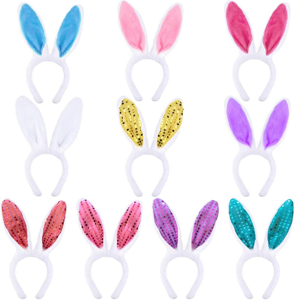GAUSKYGAUSKY 10 Packs Bunny Ears Headbands 2 Styles Plush and Sequin Easter Cute Rabbit Ears Headbands for Girl Birthday Party Favor and Costume Decoration (10 Colors)