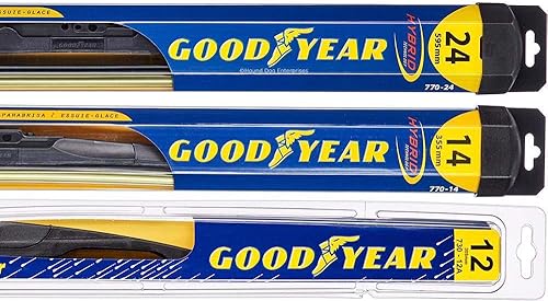 Paquete de limpiaparabrisas - 4 artículos conductor, hoja del pasajero y hoja trasera y adhesivo recordatorio (híbrido con Goodyear trasero) se