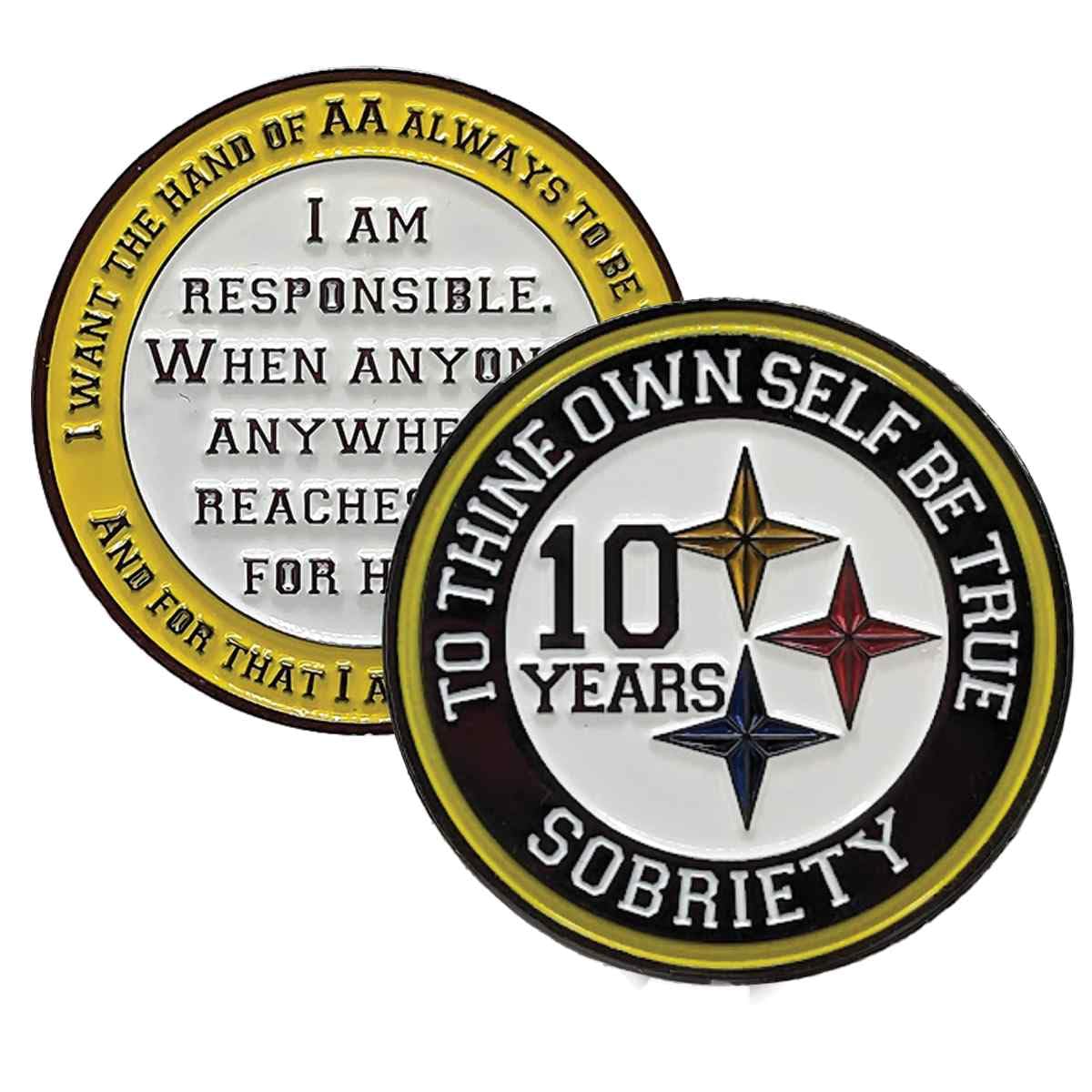 "Black and Gold Recovery Medallion in Years 1-50 with Alcoholics Anonymous Responsibility Pledge" (Year 10)