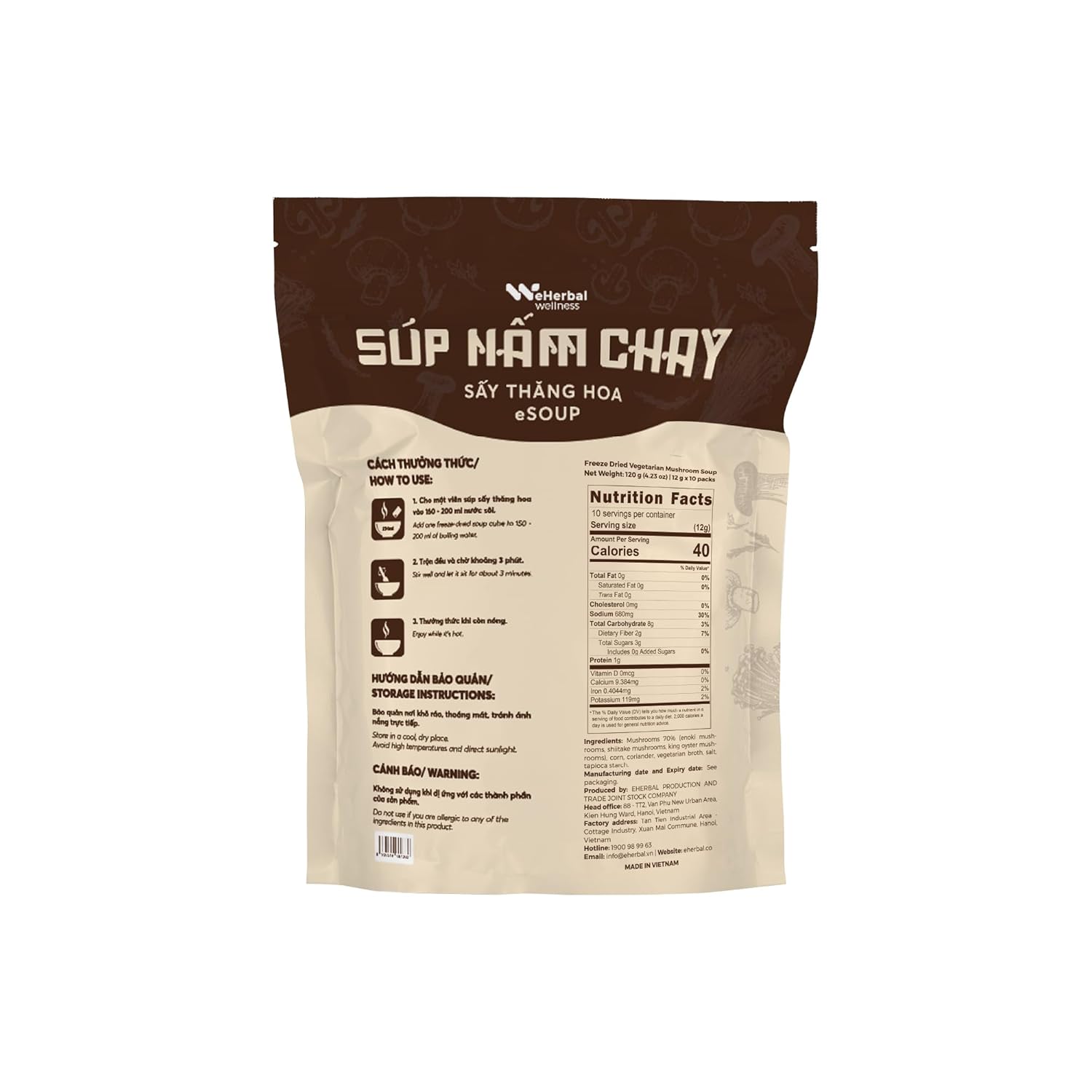 eHerbal Instant Mushroom Soup Cubes Freeze-Dried | 100% Real Mushrooms (Enoki, Shiitake, King Oyster) | Vegan, Quick & Delicious | 10 Servings, 120g (4.23oz)