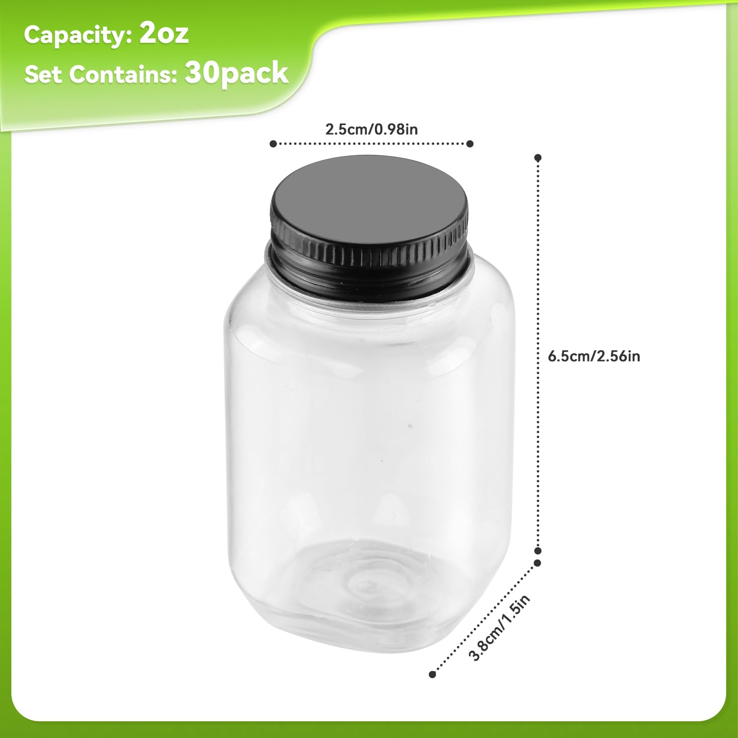 novelinks 2oz Plastic Mason Jars with Black Lids – 30 Pack Small Clear Jars for Spices, Honey, Jam, DIY Crafts, Beads & Storage – Mini Containers with Sleek Design