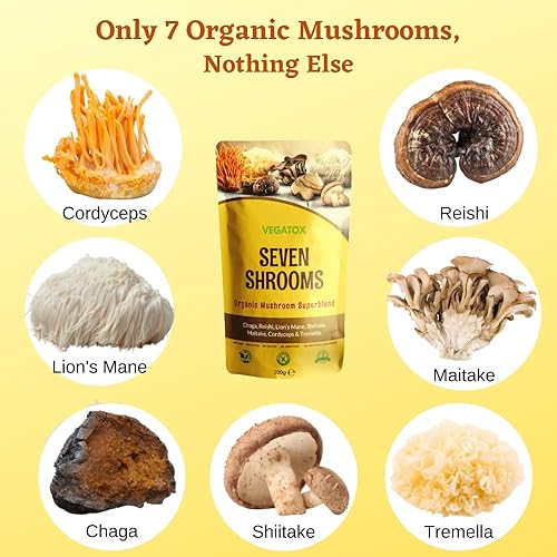 Miniatura 4 de Vegatox Seven Mushroom Powder | Mezcla de hongos medicinales con chaga, reishi, melena de león, cordyceps, tremella | Aumenta la energía y apoya la