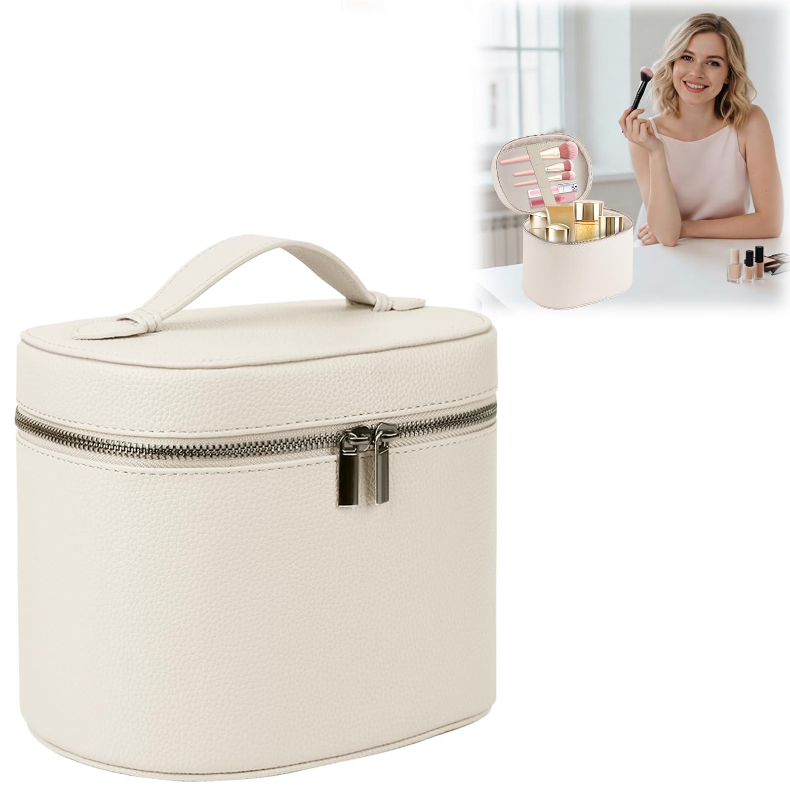 Neceser Maquillaje de Cuero PU Impermeable, Neceser Viaje para Mujer Grande, Maletín de Cosméticos Portátil, Bolsa de Maquillaje Organizador con Divisor Desmontable y Doble Cremallera (Blanco)