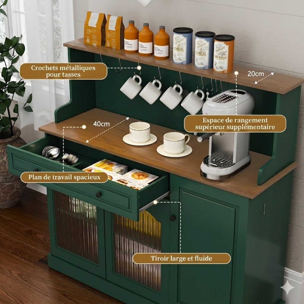 HOLTICO Vaisselier Buffet de Cuisine avec Plan de Travail, Meuble pour Micro-Onde et Bar à Café, avec Armoire de Rangement, Tiroir et Étagères, pour Salle à Manger, Salon, 120 x 120 x 40 cm, Vert
