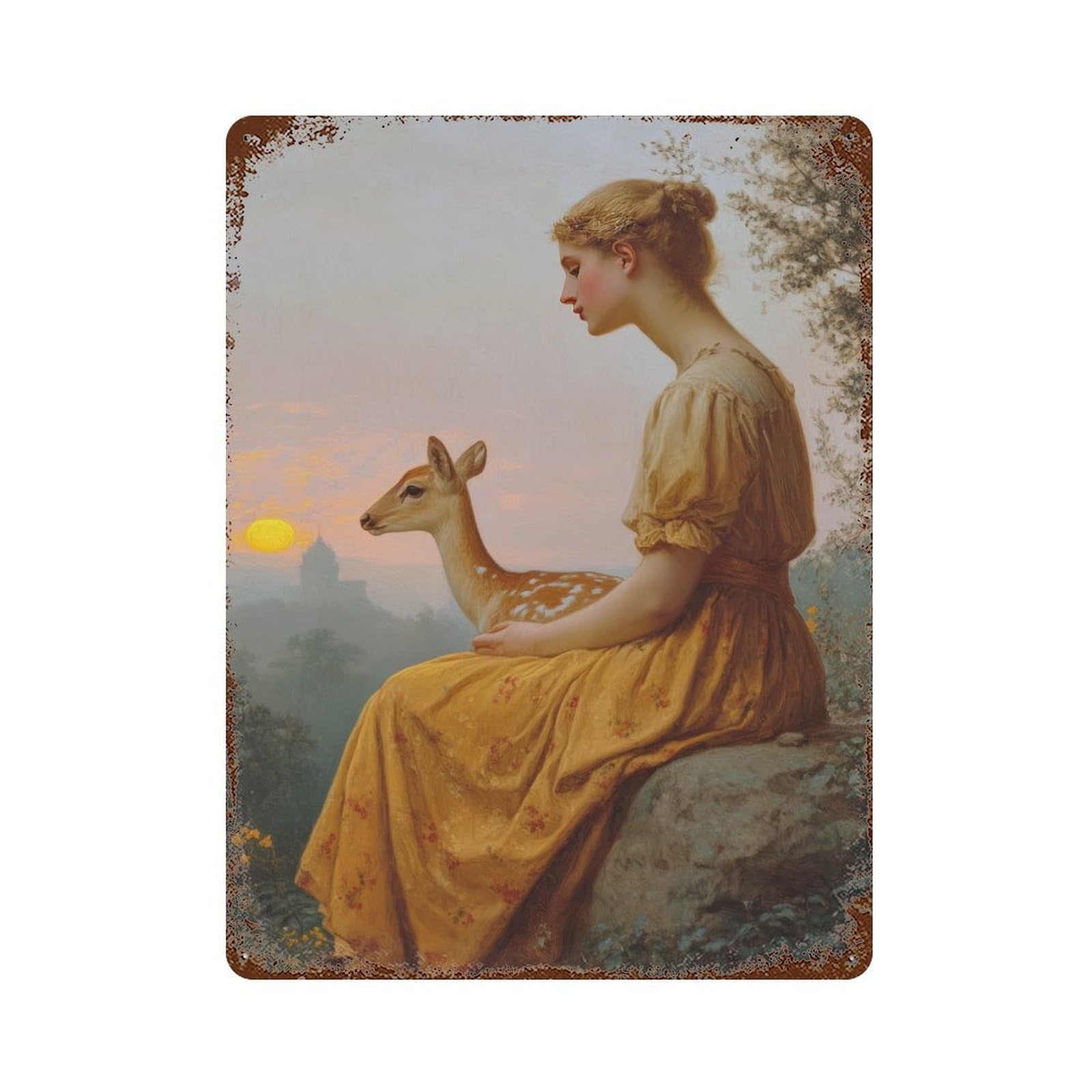 Distressed Metal Wall Sign with Woman And Fawn at Sunset Design 15.7"x11.8", for Living Room, Hallway And Home Decor, Vintage Wall Decor
