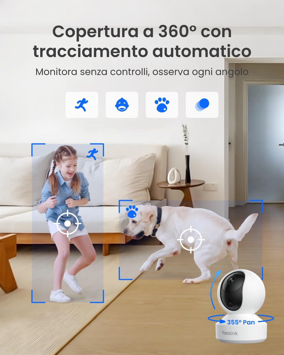 Reolink 5MP Telecamera WiFi Interno, Wi-Fi a Doppia Banda 2.4/5 GHz, Apertura F1.6, Rilevamento Uomo/Animale/Pianto, Copertura a 360°, Inseguimento Automatico, Supporta Alexa, Modalità Privacy, E1 Pro