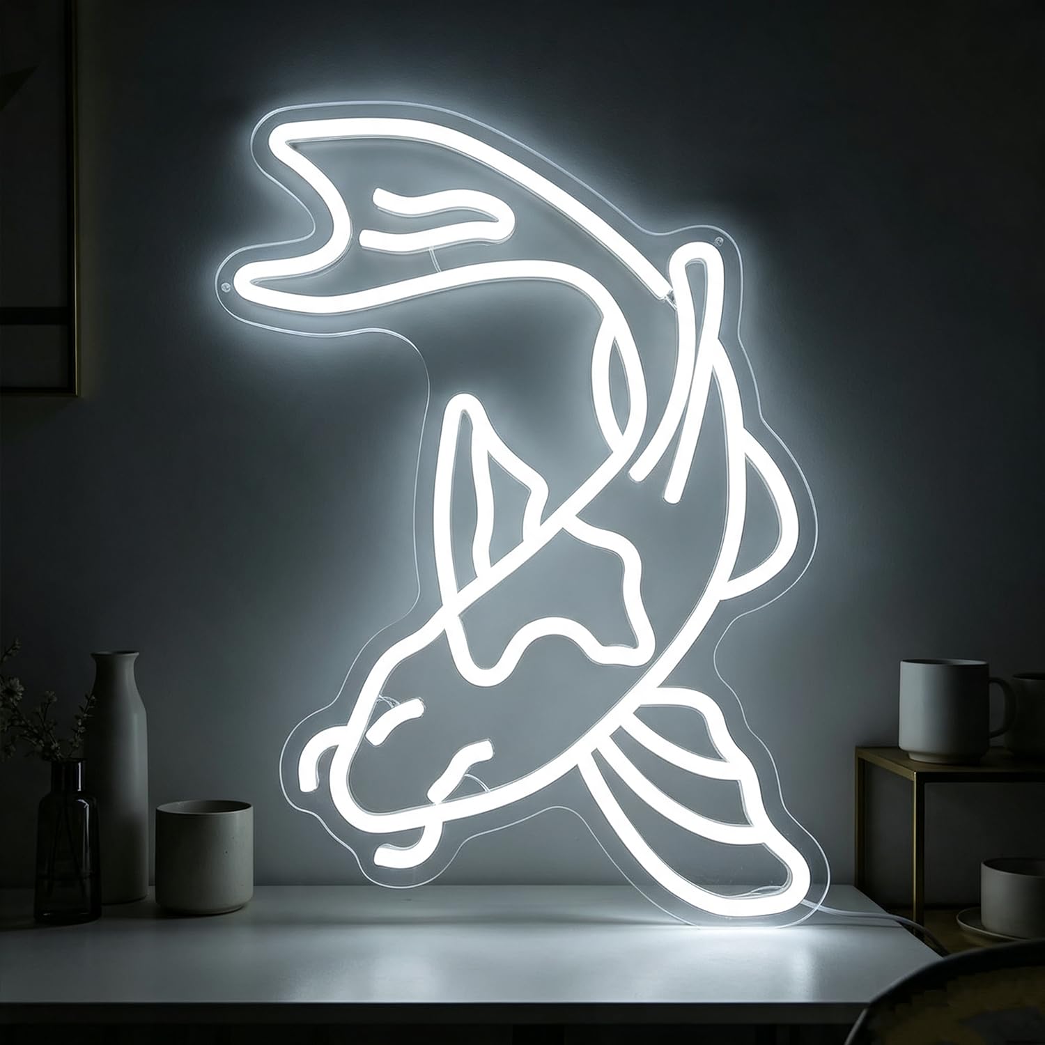 Fish Neon Sign White LED Neon Fish Sign Light Up for Wall Decor, Dimmable USB Powered Neon Light for Bedroom Living Room Restaurant Office Kitchen Decoration 10.62”x16.53”