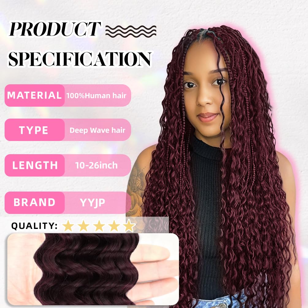 10 Inch Deep Wave Human Braiding Hair for Boho Braids – 50g 1 Bundles/Pack 99J Burgundy 100% Unprocessed 12A Brazilian Virgin Human Hair Bulk, No Weft, Wet & Wavy Curly Extensions