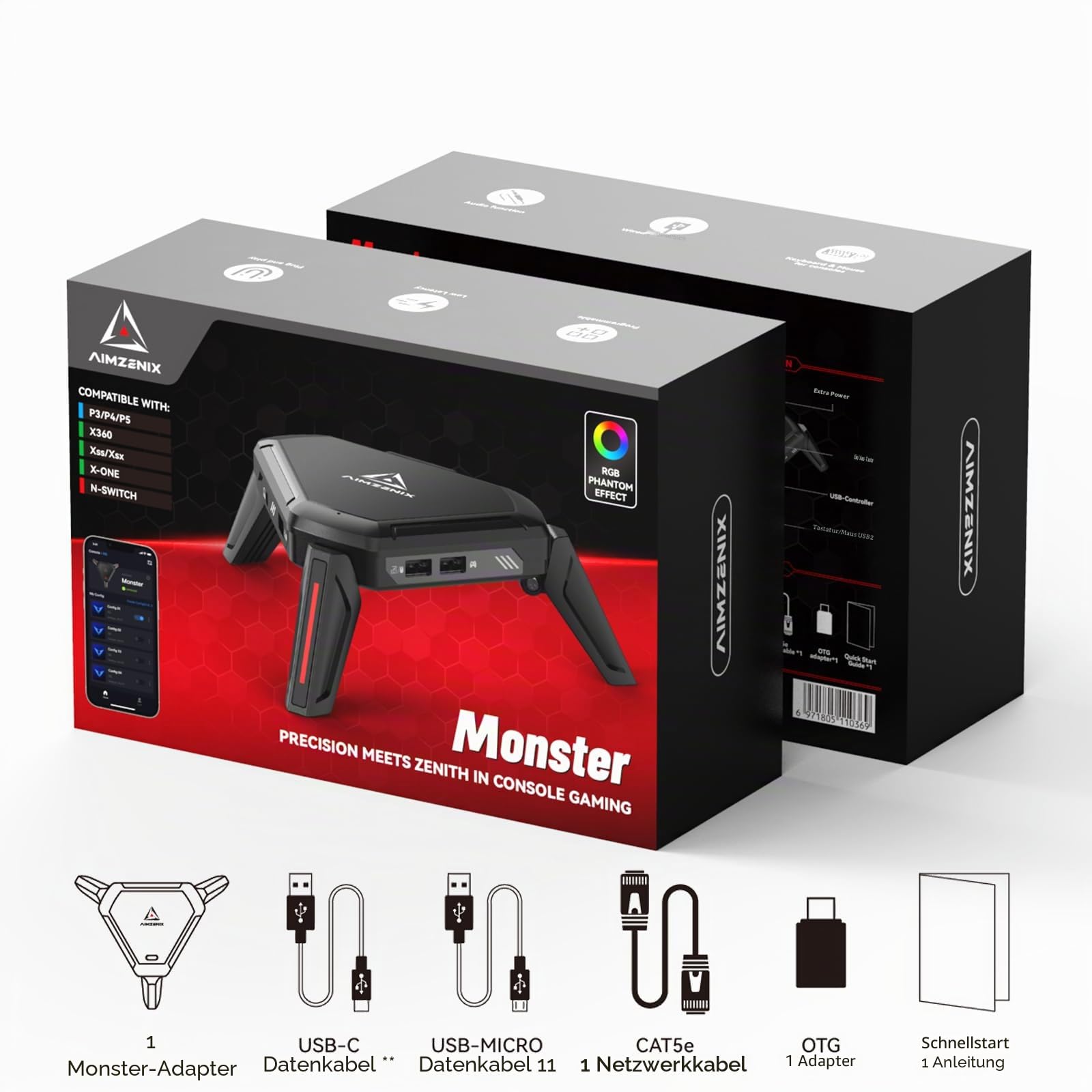AIMZENIX Monster Emulator-Adapter für PS5, PS4, PS3, Xbox ONE, Xbox 360, Xbox Series X/S, Nintendo Switch, PC, Videospiel-Controller mit Netzwerkanschluss für PS5, mit 3,5-mm-Audio-Buchse