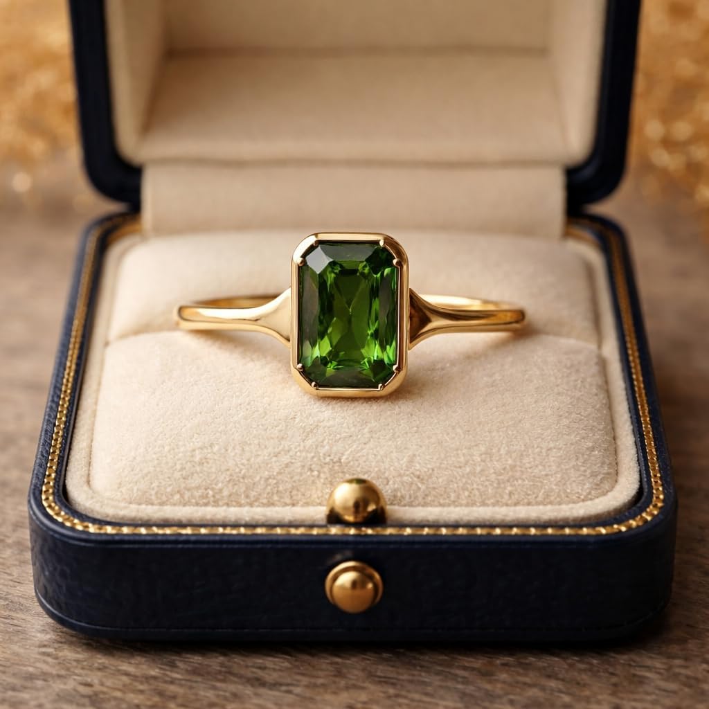 Emerald Cut Green Sapphire Solitaire Ring for Women 14K Yellow Gold Bezel Set Minimalist Engagement Promise Ring Gift for her