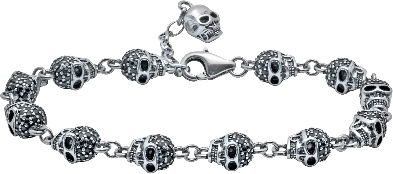 Palm Beach Jewelry Round Black Crystal Silvertone Antiqued Skull Bracelet 7 to 8.5-inch