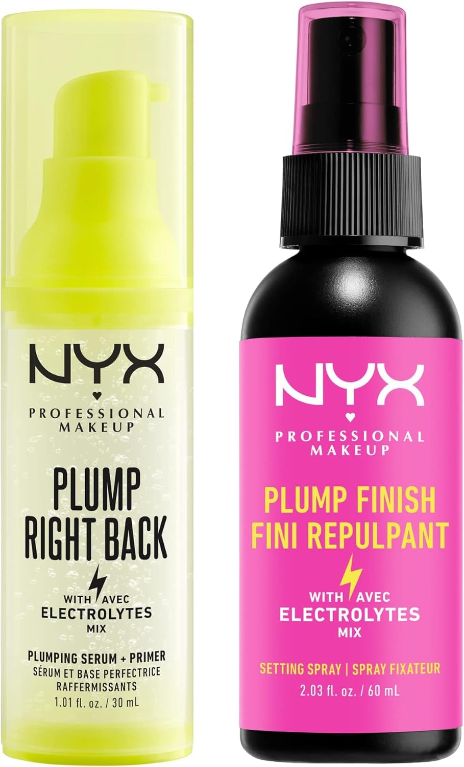 NYX Professional Makeup Pack Plump Right Back Primer & Serum,30ml + NYX Professional Makeup Pump Right Back Setting Spray,Acabado voluminoso, 60ml (Con electrolitos, Fórmula vegana)