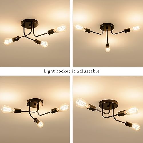 Miniatura 3 de Lámpara de techo industrial semi empotrada con 3 luces de techo con ramas de metal ajustables, soporte E26, pintado en negro, para cocina, sala de