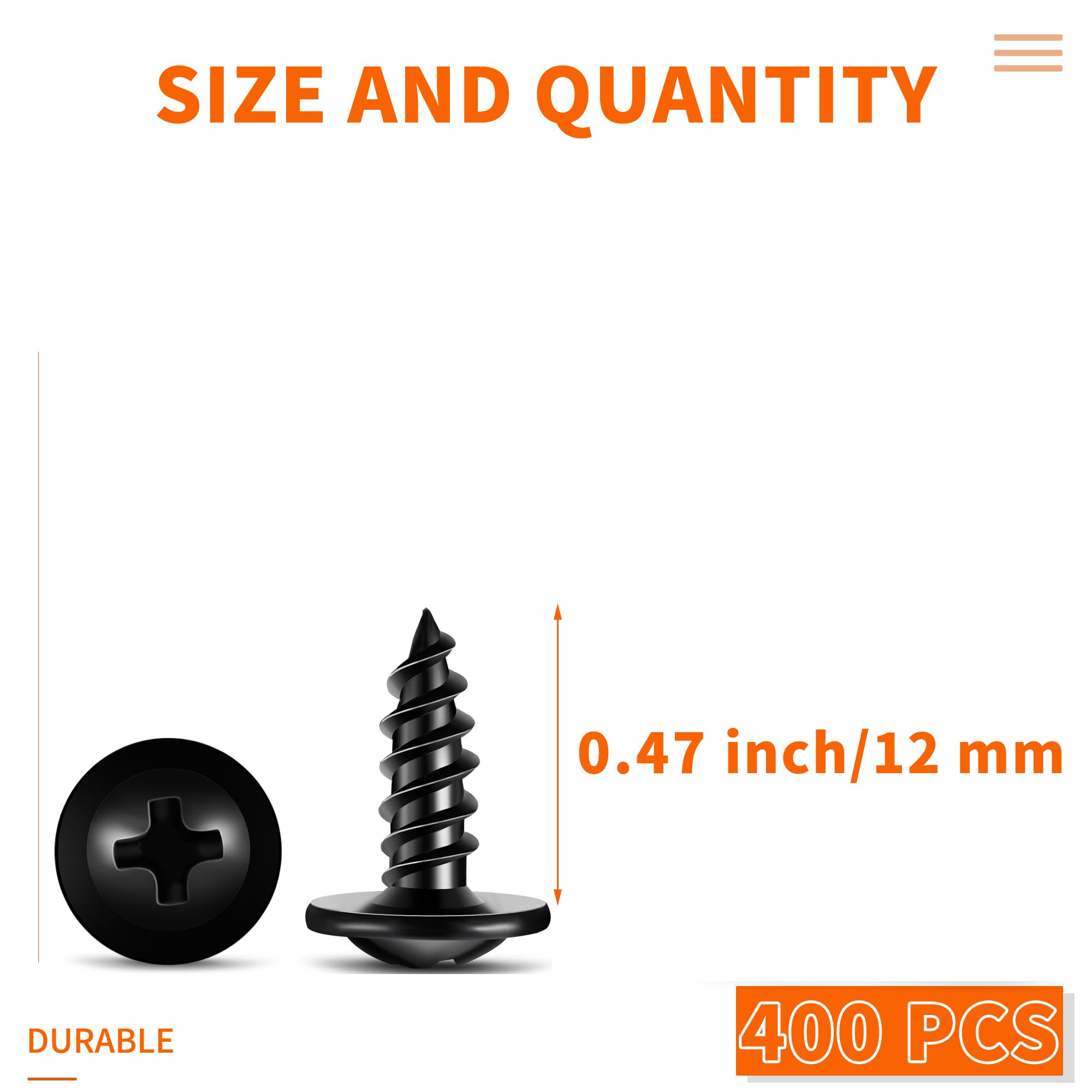 400 PCS Black Washer Head M4.2 X 12 mm Wood Screws, Hardened Steel Multipurpose Screw - Image 2