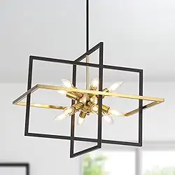 HONGREN Lustre moderno quadrado lartern grande industrial 61 cm preto e dourado luminária pendente para sala de jantar cozinha ilha entrada fazenda