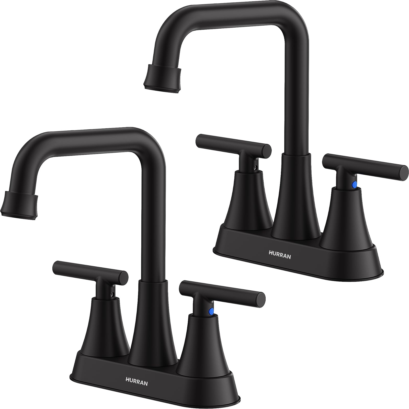 Hurran - Grifo de lavabo de baño negro mate, grifos de baño de 4 pulgadas para fregadero de 3 agujeros con drenaje emergente y mangueras de suministro, grifo central de boquilla giratoria de 360