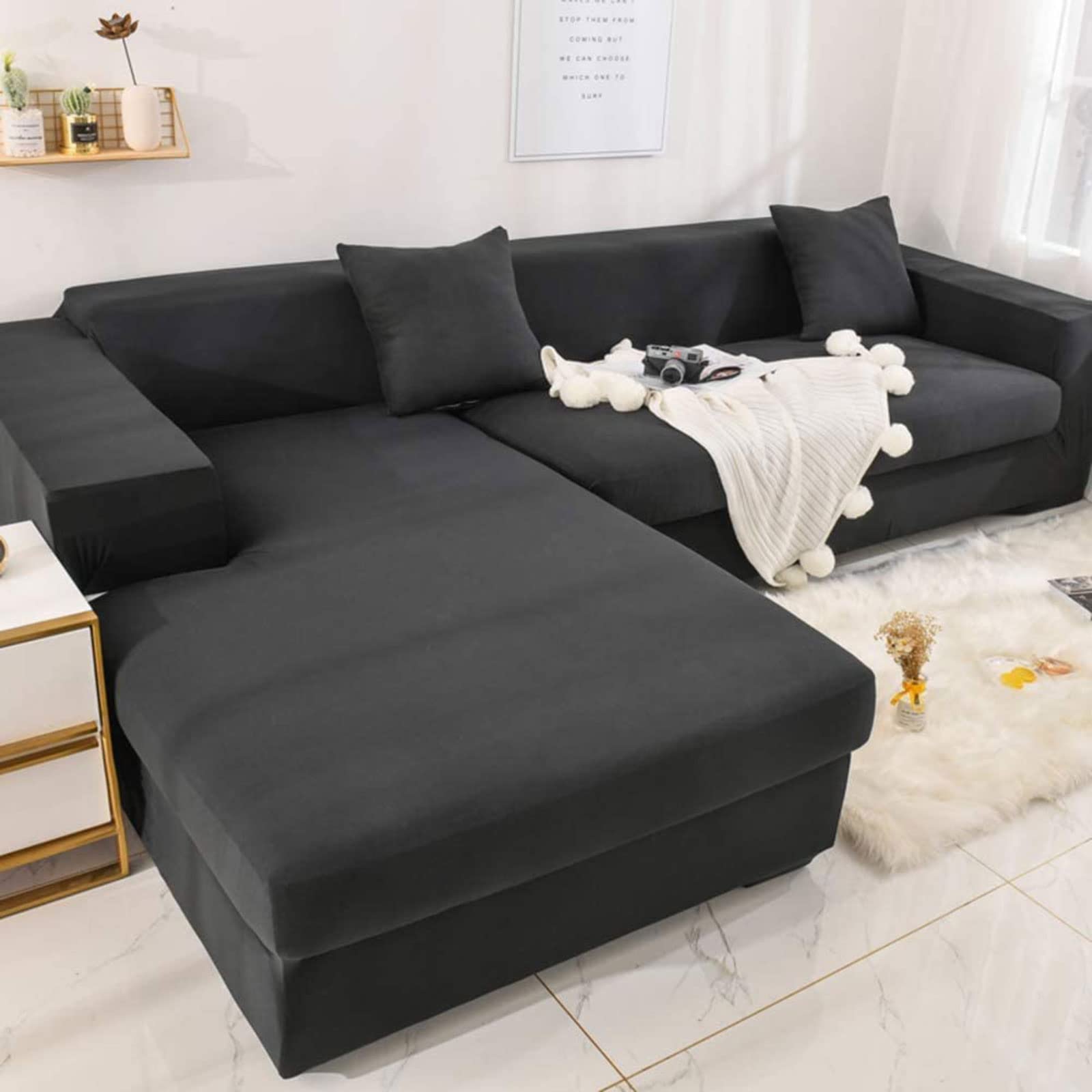 MGEMJMJ Stretch L Shape Sofa Cover,Slipcover Couch 1 Piece Couch Cover,Sectional Couch Covers Jacquard Fabric Sofa Slipcover(Size:sofa 190~230cm(75~91inch),Color:Black)