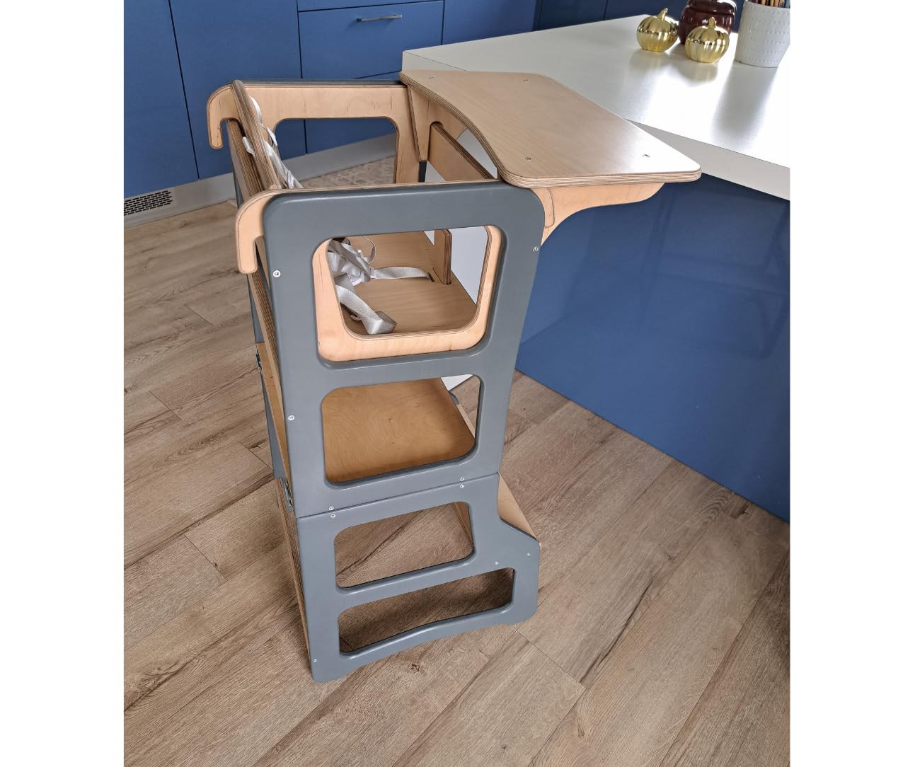 Dunorm - Lernturm Kinder Montessori, Lerntuem Tisch, Küchenhelfer Steh, Umwandelbarer Leiter Helferhocker, 2 in 1 Set Mit Hochstuhl Vorhanden, Handgefertigt