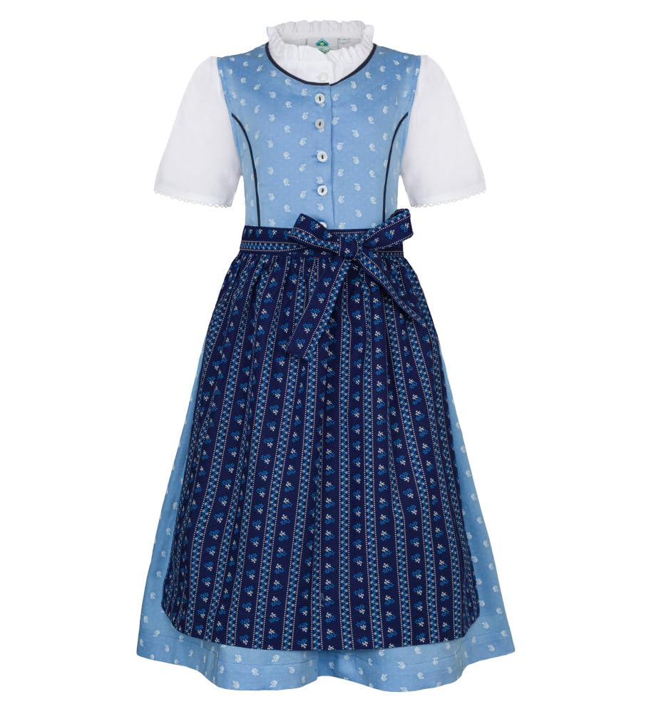 Isar-Trachten Kinder Dirndl 3-TLG. Kleid Bluse Schürze für Mädchen Oktoberfest Kirchweih Hochzeit Sonntagausflug blau mit Blümchen-Muster, Gr. 146
