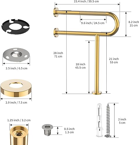 Miniatura 2 de Barra de apoyo para inodoro de 23.4 pulgadas, soporte de pared para inodoro, barras de apoyo antideslizantes de oro cepillado, barra de agarre