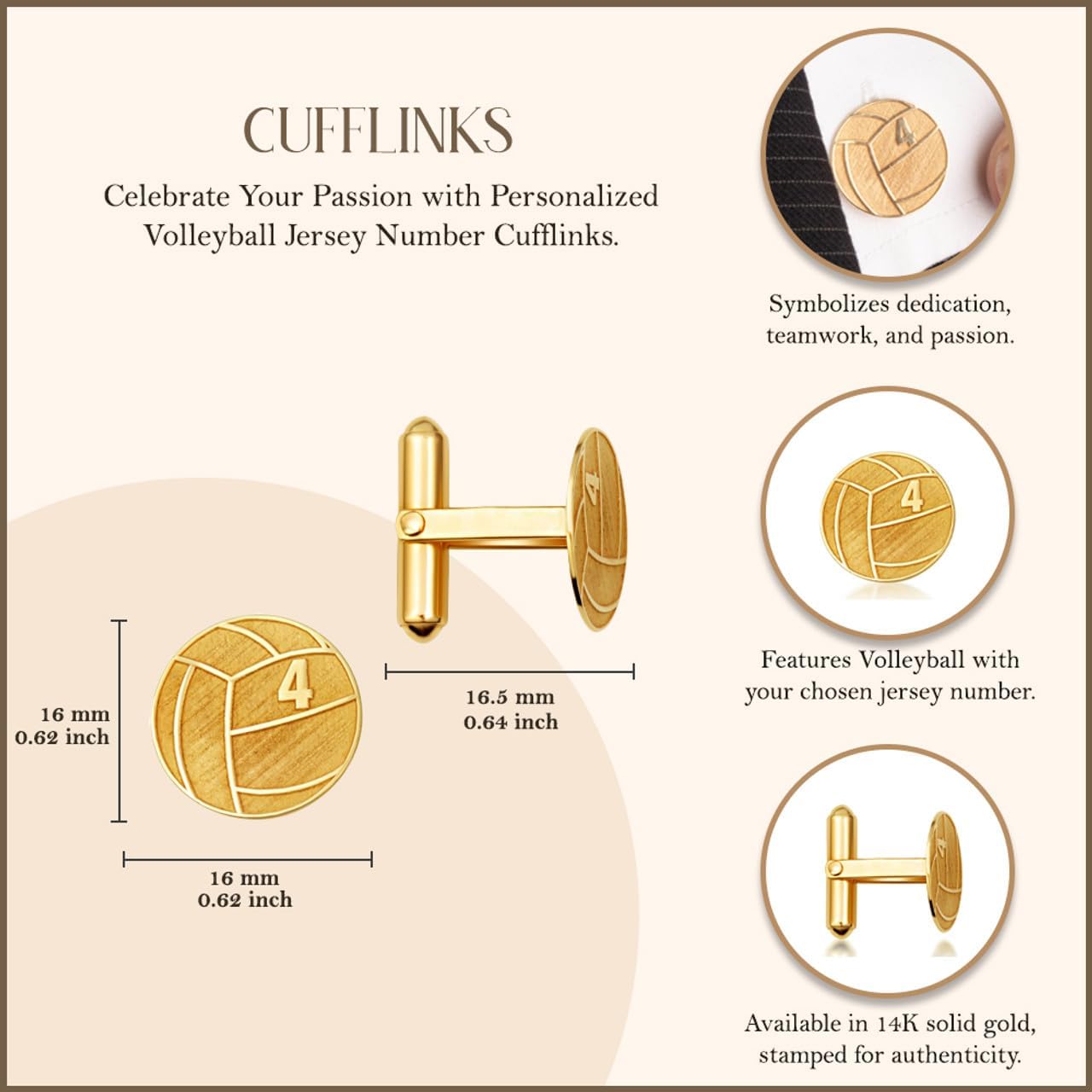 Certified 14k Yellow Gold Personalized Engraved Beach Volleyball Cufflinks Custom 2 Numbers