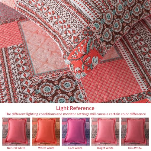 VAPUTAR Cotton Quilts Queen Size, Pink Farmhouse Bedspreads Queen Size (90 * 98 in) - 3 Pieces Lightweight Patchwork Floral Queen Quilt Bedding Set, Queen Coverlet Set Suitable for All Season