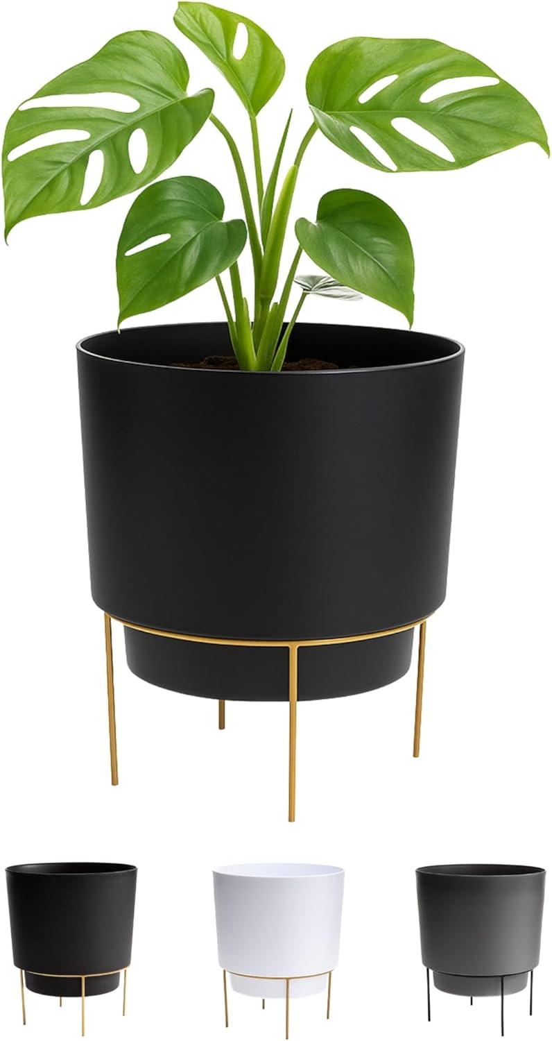 Bloem Hopson Decorative Resin Cachepot with Metal Stand, 10" Indoor and Outdoor Planter with Gold Metal Stand, Black