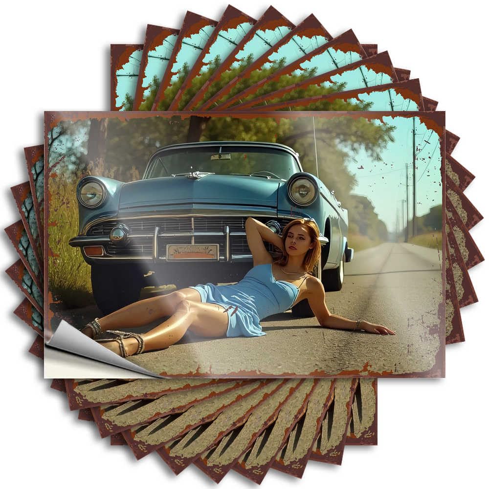 Decal Teenage | Spring Bumper Vintage Car and Model On A Country Road for Beer(12X18CM)
