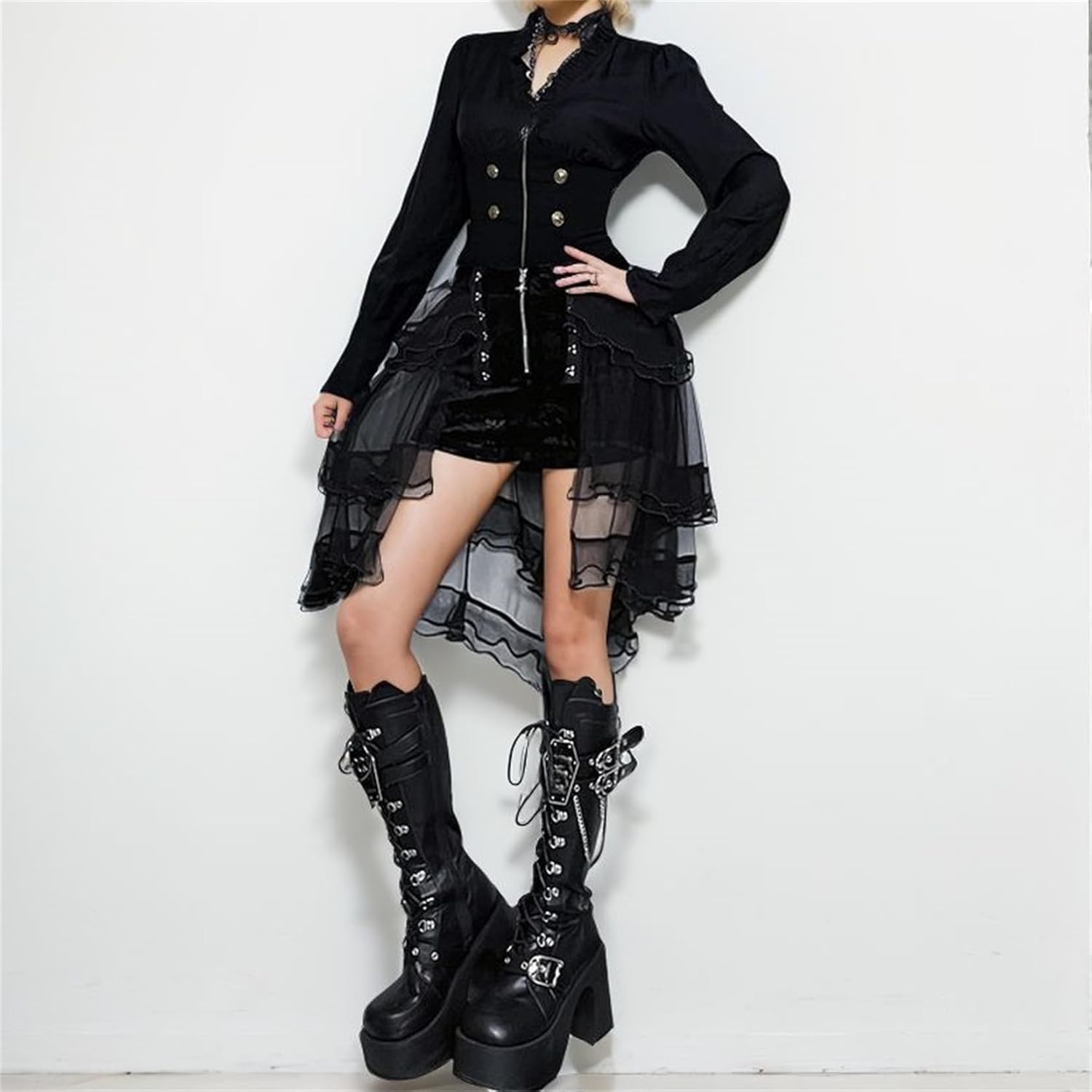 Women's Goth Grunge Ruffle V-Neck Crop T Shirt - Long Sleeve Zip up with Buttons Punk Streetwear Club Top Tee - Image 6