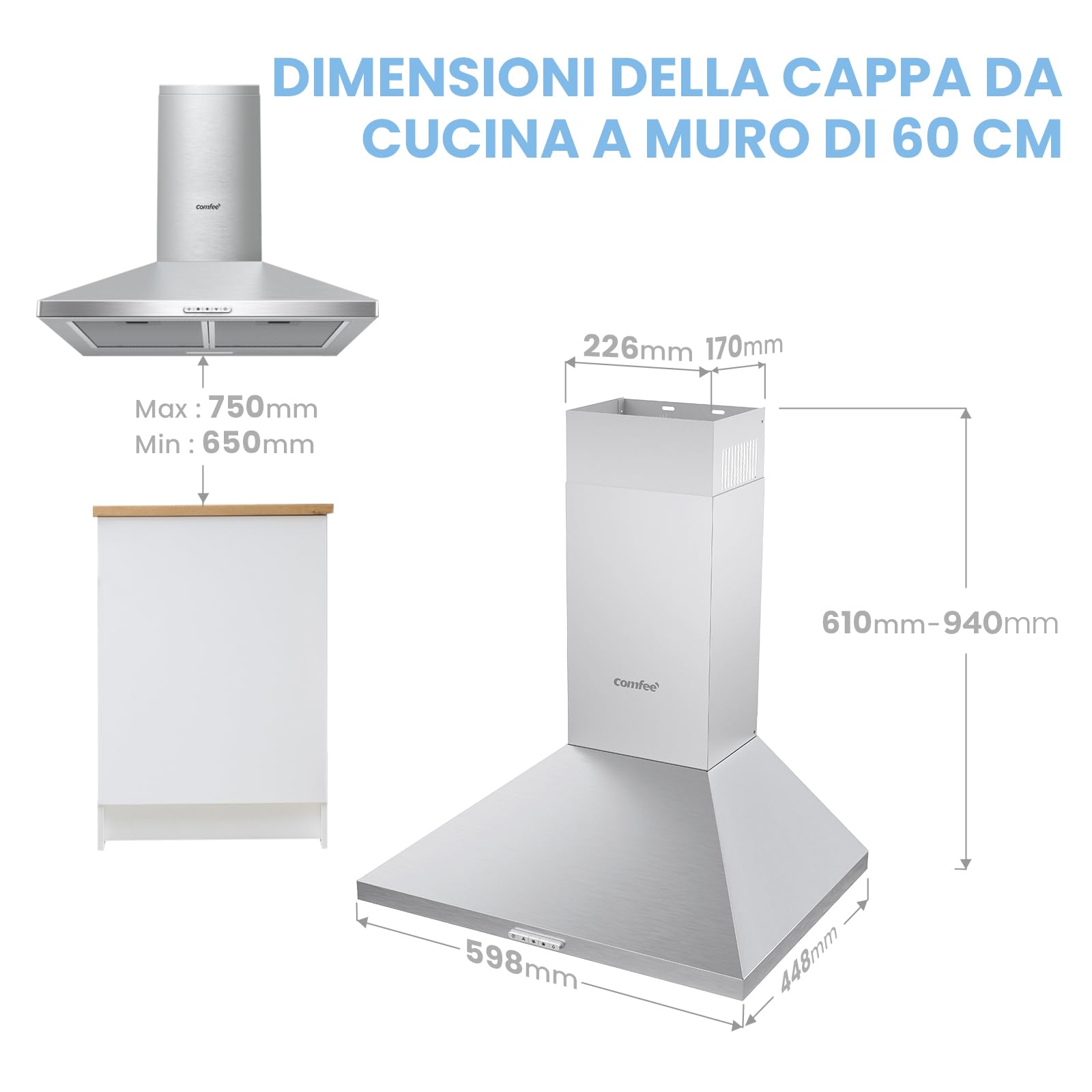 COMFEE' Cappa Aspirante 60 cm PYRA17SS-60 Acciaio Inossidabile Cappa Cucina con LED, Sistema di Ricircolo e Canalizzazione e Filtri a Carbone