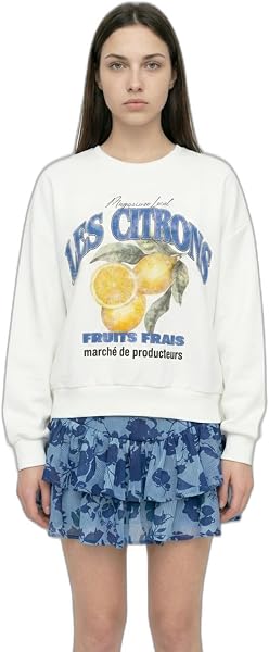 QUZU Limon Baskılı Bisiklet Yaka Oversize Sweatshirt Ekru