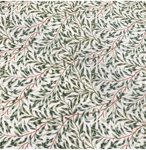 Polycotton Print Fabric, William Morris Style Branches, Green and Brown Leaf Pattern, 112cm Wide, Sold by the Metre