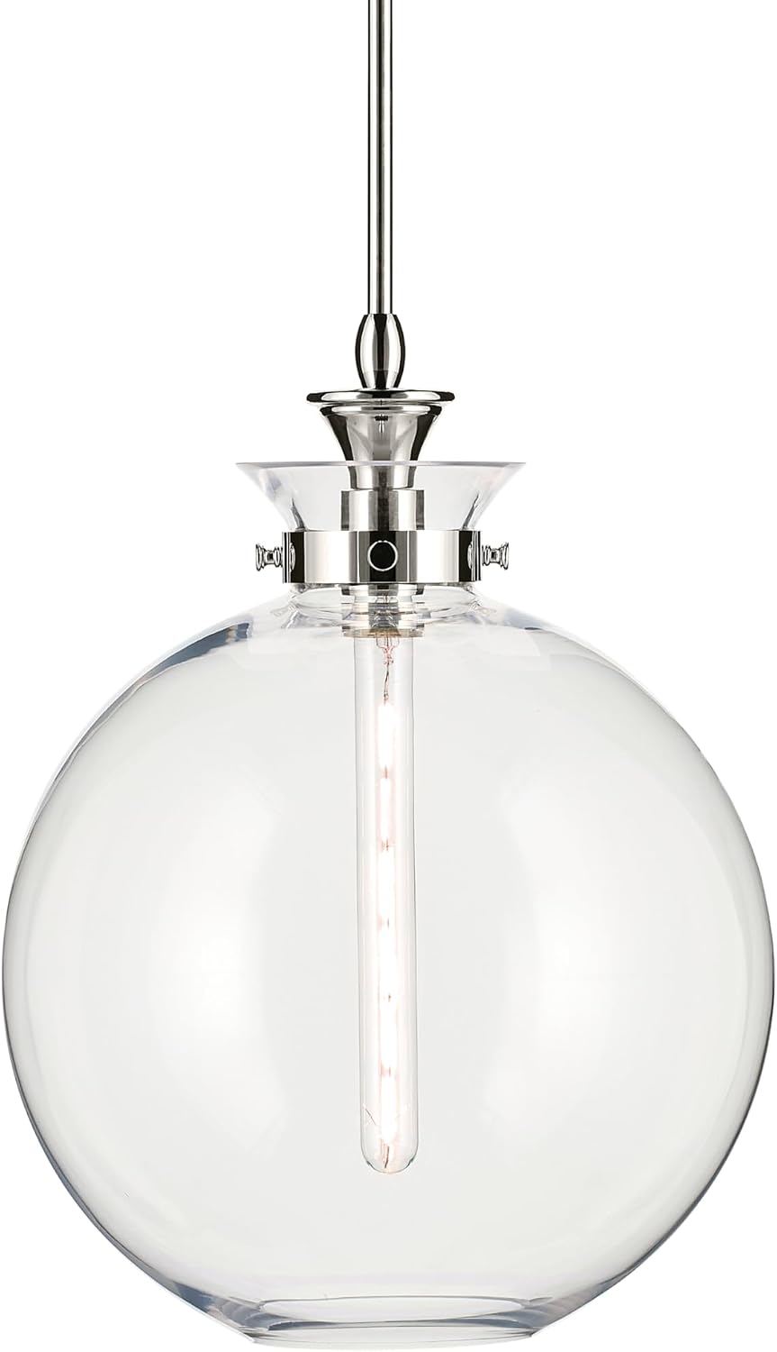 Kichler Laria 1-Light Pendant Light Fixture, Traditional Kitchen Island Hanging Light with Clear Glass Globe in Polished Nickel, Sloped Ceiling Compatible (19.5" x 15"), 52779PNCLR