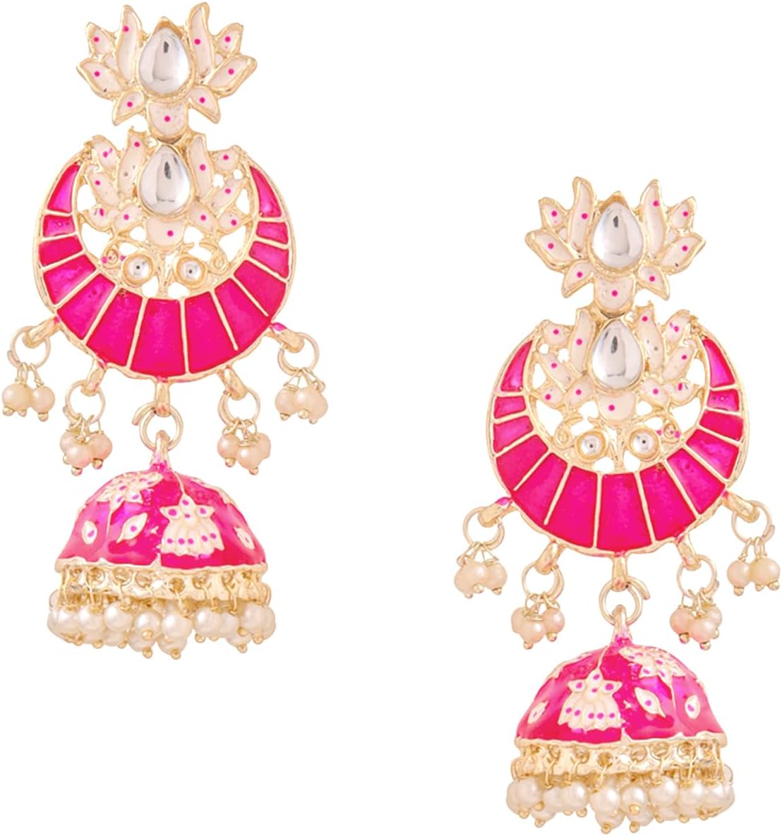Yellow Chimes Women's Ethnic Traditional Meenakari Studded Stones Lotus Design Chandbali Jhumka Earrings Pink Medium