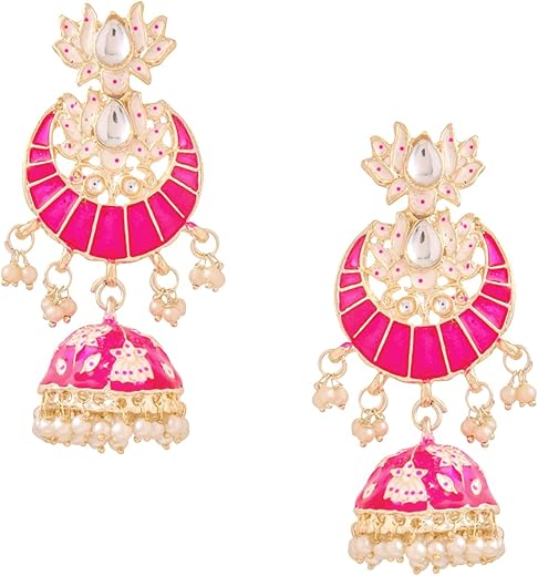 Yellow Chimes Ethnic Gold Plated Traditional Pink Meenakari Studded Stones Lotus Design Chandbali Jhumka Earrings for Wome...