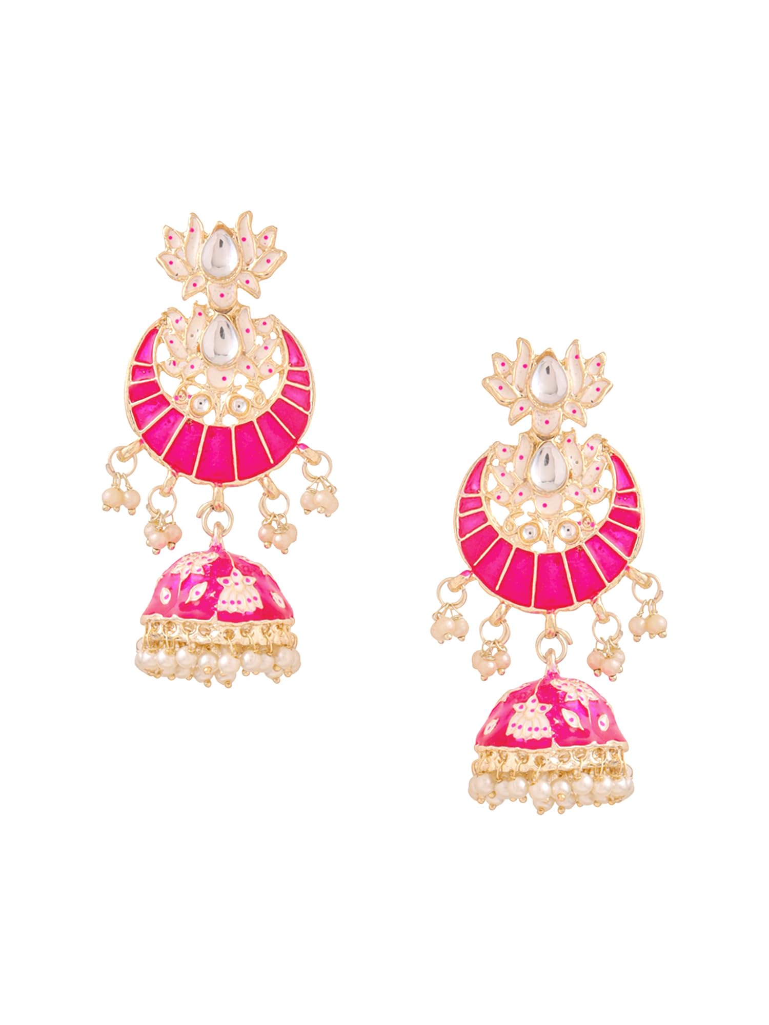 yellow chimes Ethnic Gold Plated Traditional Pink Meenakari Studded Stones Lotus Design Chandbali Jhumka Earrings for Women and Girls-picture-33