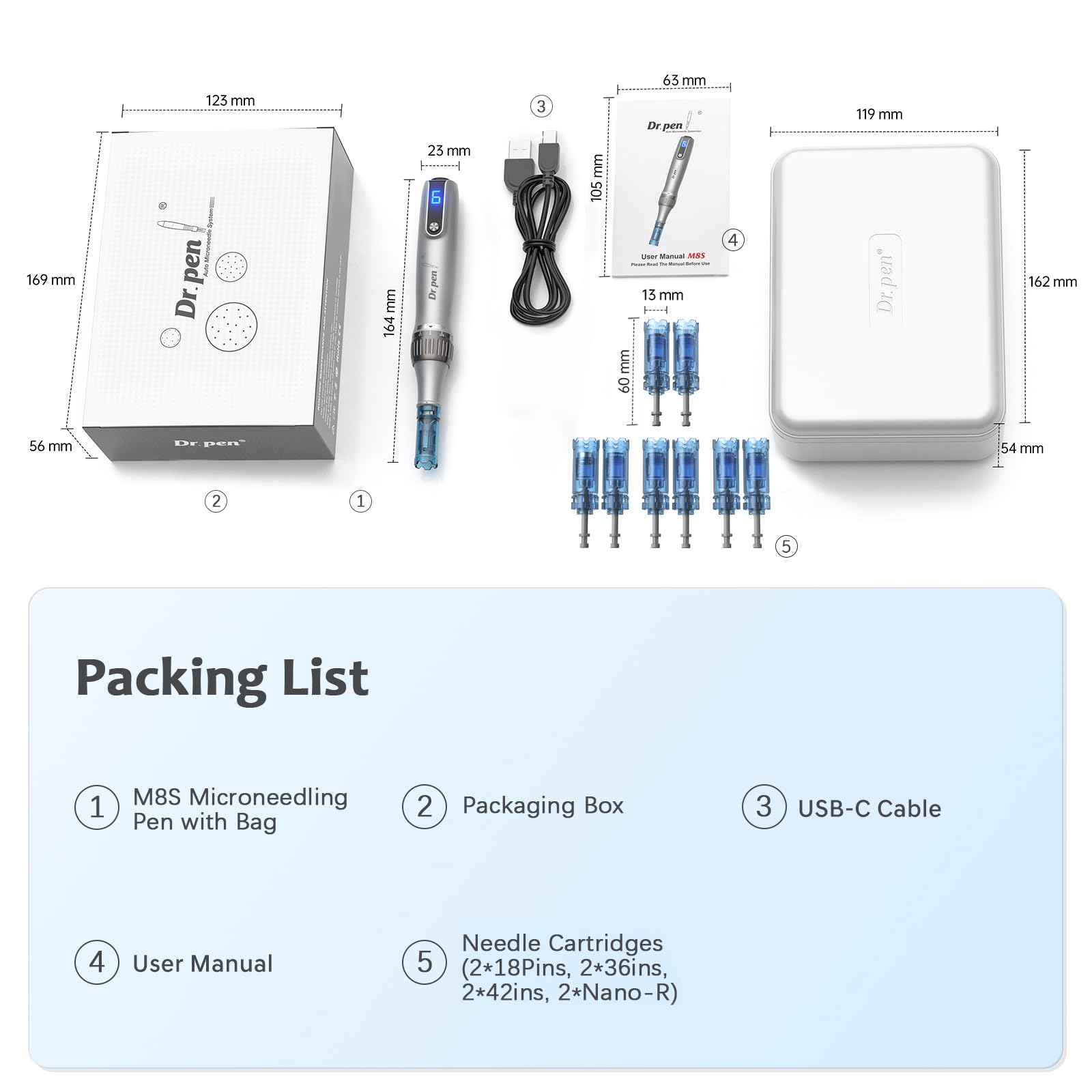 Dr. Pen M8S Microneedling Pen Original Profesional Kit Inalámbrica Microneedle Rostro Cuerpo Crecimiento Cabello Barba 8 Cartuchos