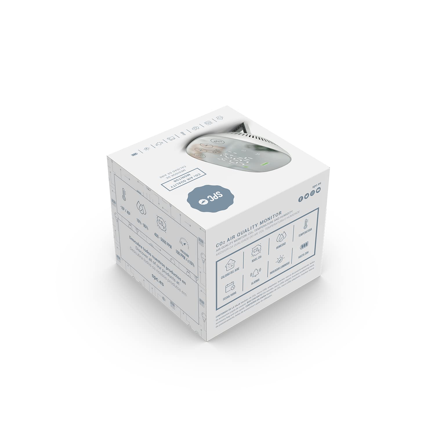 SPC CO2 AIR QUALITY MONITOR - Medidor de CO2, mide la calidad del aire, temperatura y humedad, gran batería y autonomía de hasta 10 horas, Blanco