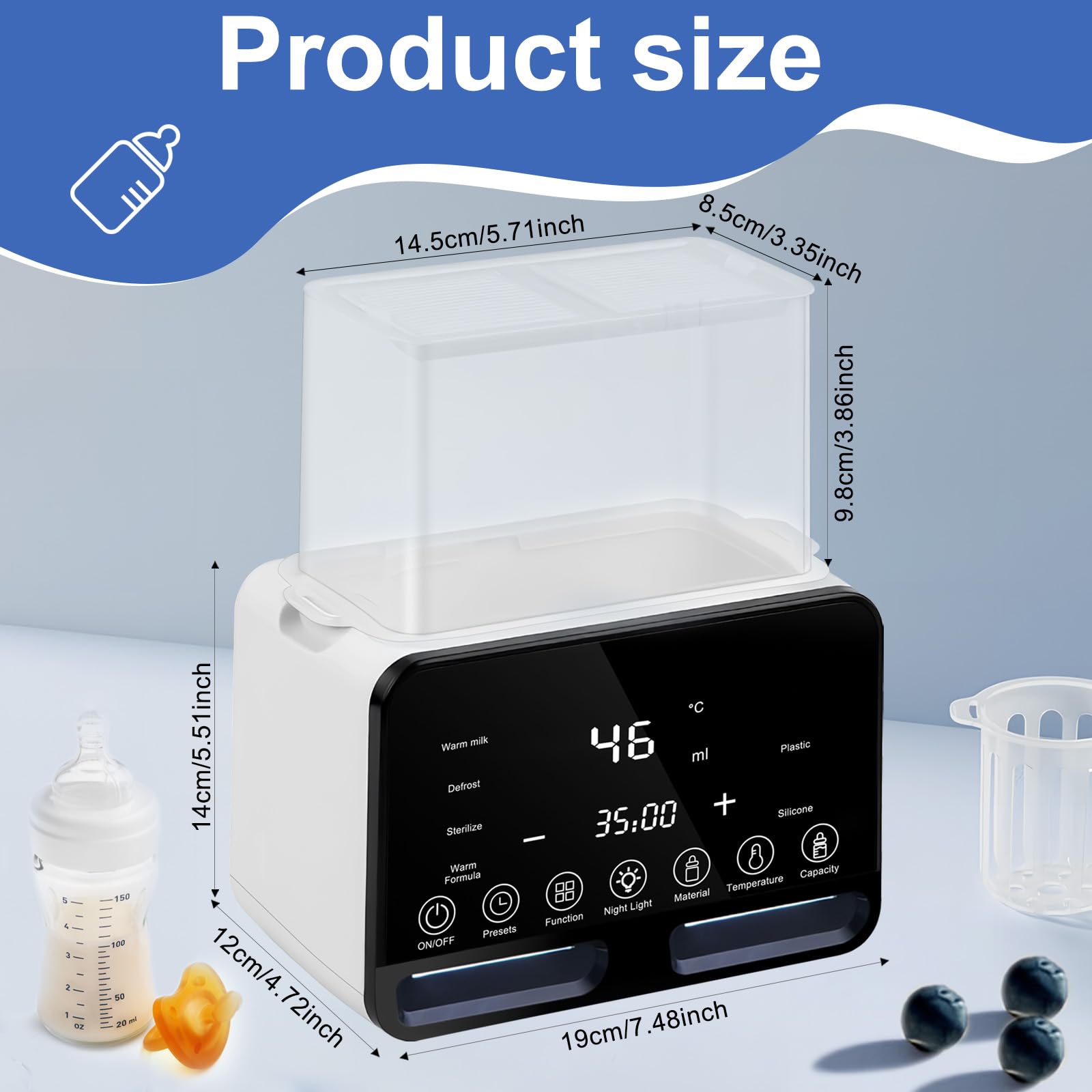 Scaldabiberon e Sterilizzatore 9-in-1, Biberon Sterilizzatore senza BPA, Riscaldamento Rapido del Latte Materno, Scongelare, Scaldabaschette per Bambini con Display LCD, Multifunzione