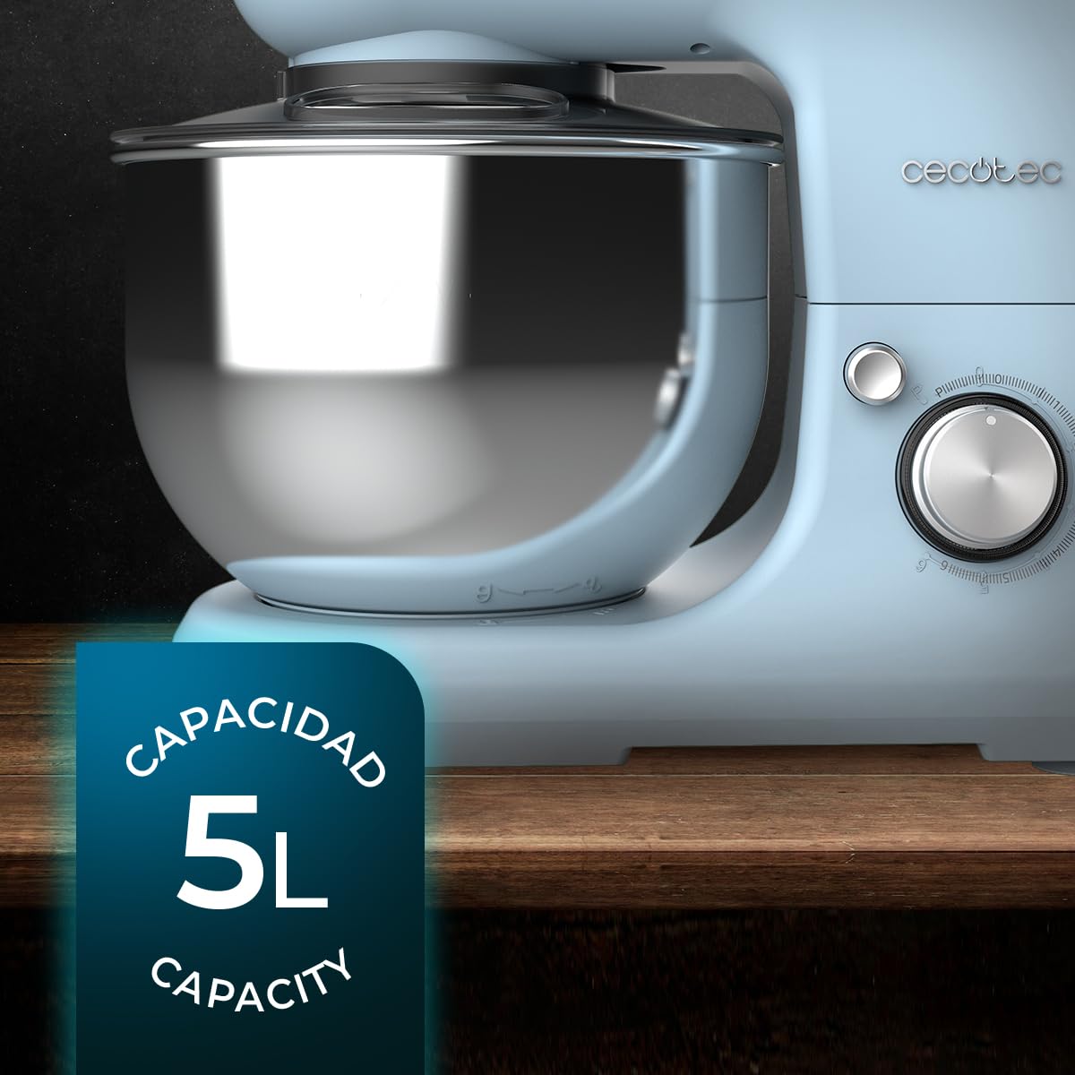 Cecotec Batteur Mélangeur Cecomixer Merengue 5L 1200 Bleu. 1200 W avec 6 Niveaux, Mouvement Planétaire, Design Élégant, Bol en Acier Inoxydable de 5 L et Accessoires pour Battre et Pétrir