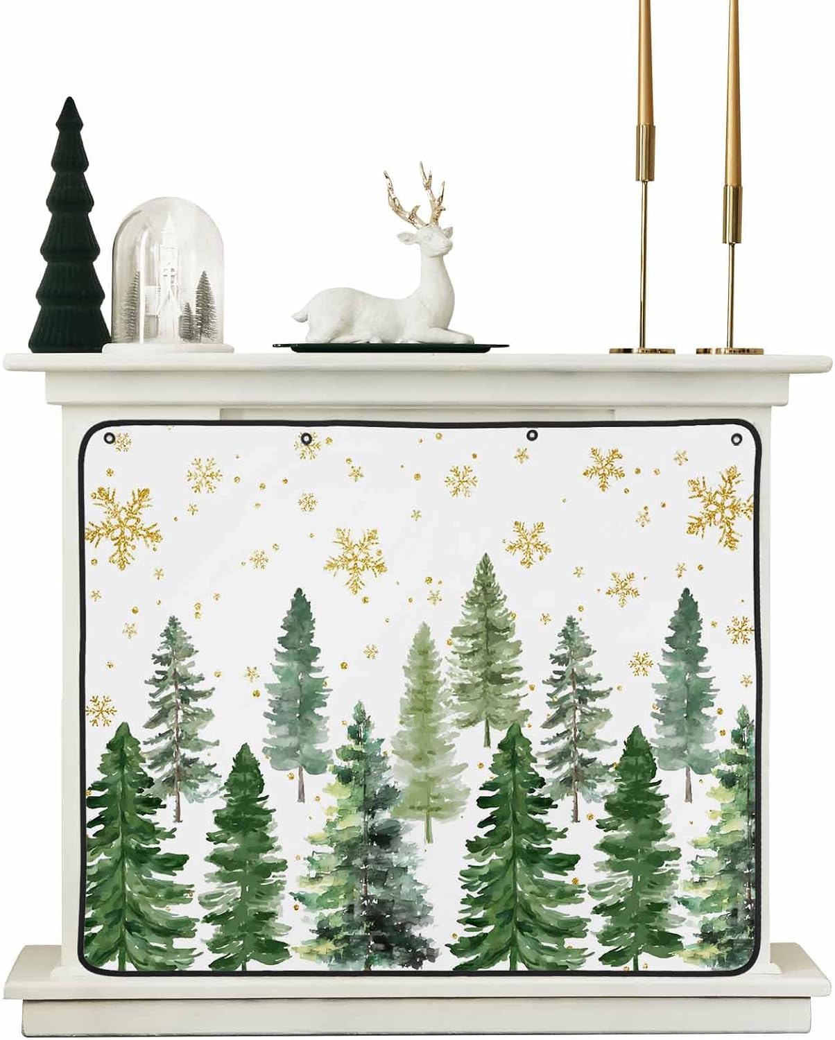 Christmas Snowflake White Fireplace Screen Magnetic Fireplace Cover Washable Indoor Fireplace Draft Cover Christmas Fireplace Screens,Save Energy Stops Heat Loss, Winter Xmas Tree Vintage 39"x32"