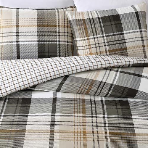 Image of Eddie Bauer- Twin Duvet Cover Set, Reversible Microsuede Bedding Set with Matching Sham, Dorm Essentials (Normandy Plaid Black /Brown)