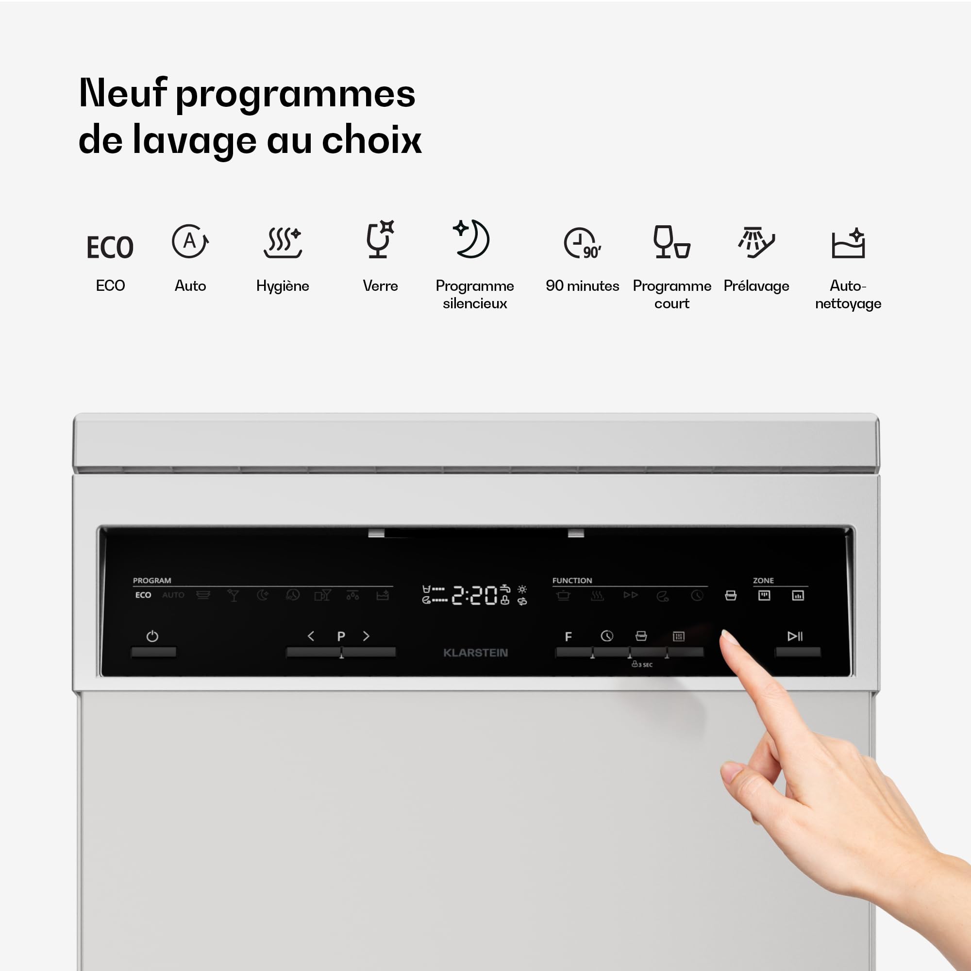 Klarstein Verosteel Lave Vaisselle 45cm - Pose Libre, 10 Couverts, 9 Programmes, Silencieux 42 dB, Classe B, AquaStop, Sécurité Enfants, Argent