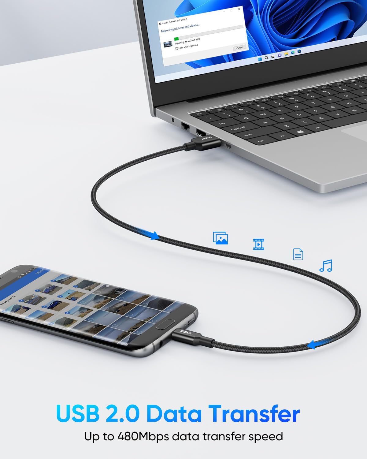 SUNGUY Cavo micro USB da 0,5 m, 3 pezzi corto intrecciato USB 2.0 Micro Android, ricarica rapida e sincronizzazione dati, compatibile con Galaxy S6 S7 Edge Note 5, Tab 4, PS4, Kindle e altri (Nero)