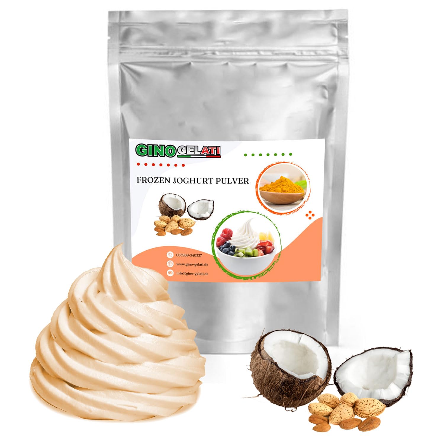 Gino Gelati Frozen Joghurt Pulver mit Kokosmilch- Geschmack, schnelle und einfache Zubereitung, Made in Germany, Herstellung ohne Eismaschine möglich (1 Kg, Kokosmilch Mandel)